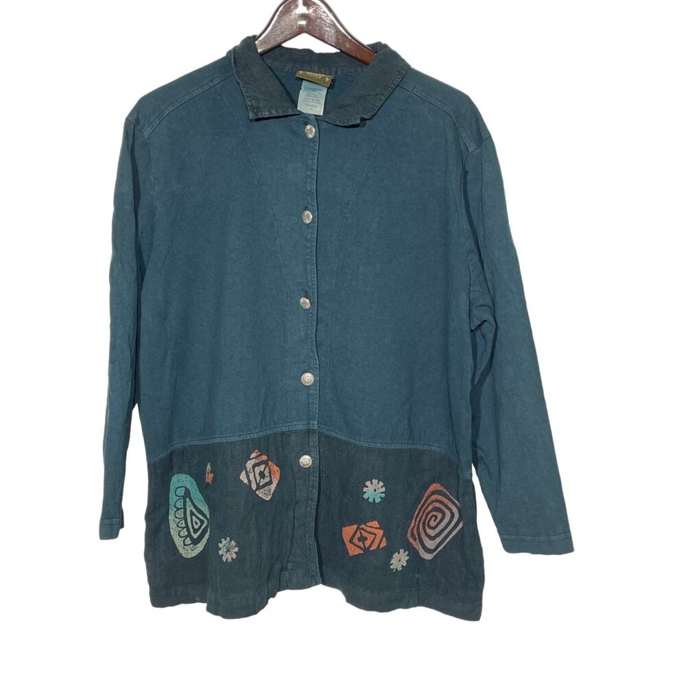 Blue Cactus Women Cotton Linen Western Art to Wear Lagenlook Top Sz 1X Artsy